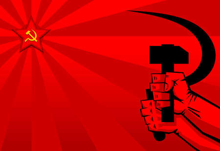 Red propaganda poster retro style. Sickle and hammer in hands, soviet star. vectorのイラスト素材