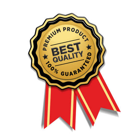 Premium product quality guarantee. Vector gold badge with red ribbon on transparent backgroundのイラスト素材