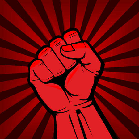 Fist male hand, symbol of the proletarian revolution. red propaganda. Sign of anger, strength, protest, fight. Illustration, vectorのイラスト素材