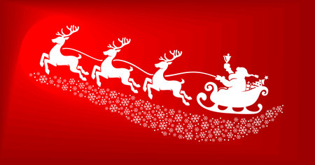 Santa Claus silhouette flying over snowflakes in sleigh full of gifts with reindeers . Merry christmas and happy new year decoration. Red Vector backgroundのイラスト素材