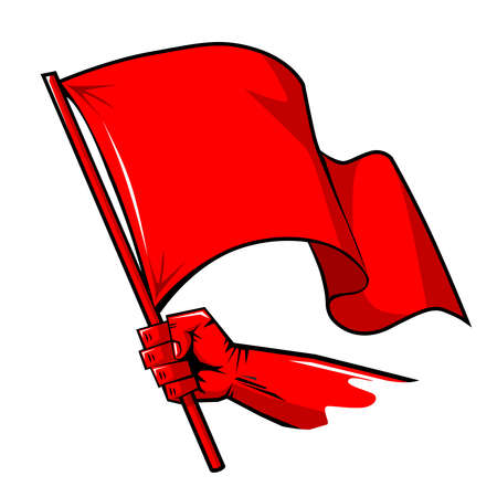 Man hand holding red flag of protest. Vector on transparent background