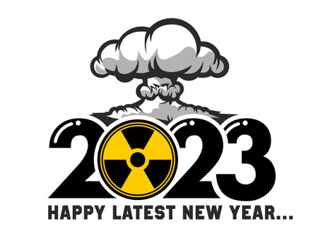 Anxious coming 2023. Nuclear explosion and a sign of radiation danger over the numbers 2023. The danger of using nuclear weapons and the third world war. Vector on transparent backgroundのイラスト素材