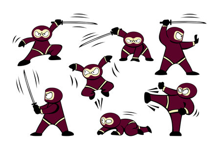 Funny cartoon little ninja set with katana sword, different fighting poses. Vector on transparent backgroundのイラスト素材