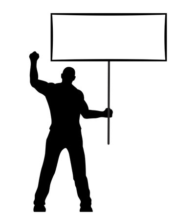 Rebel man with protesting placard template. Silhouette of protester holding banner with copy space your text . Vector on transparent backgroundのイラスト素材