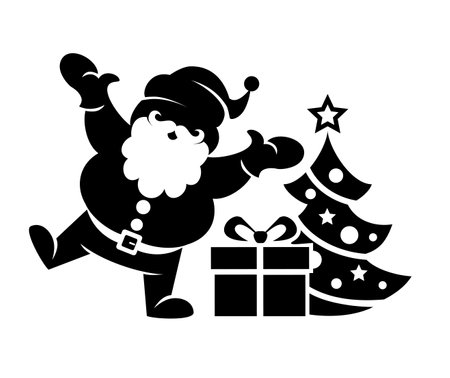 Santa Claus is dancing near Christmas tree with gifts. Vector icon isolated on transparent backgroundのイラスト素材