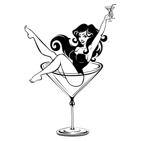 Comic beauty girl sitting in high cocktail glass and holding glass in his raised hand.のイラスト素材