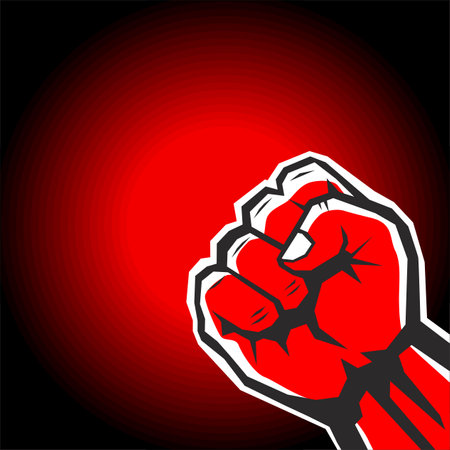 Raised clenched fist on red background. Vector design element in retro styleのイラスト素材