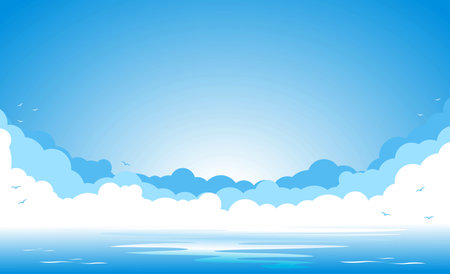 Blue sky with clouds and silhouettes of seagulls over blue sea. Copy space for you text. Vector template background for advertising flyer or web headerのイラスト素材