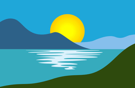 Rocks, sea, sunset in blue sky. vector background in cartoon styleのイラスト素材