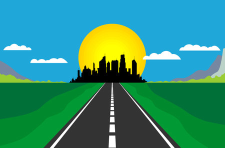 Highway to the city on the horizon. Road through fields and mountains.のイラスト素材