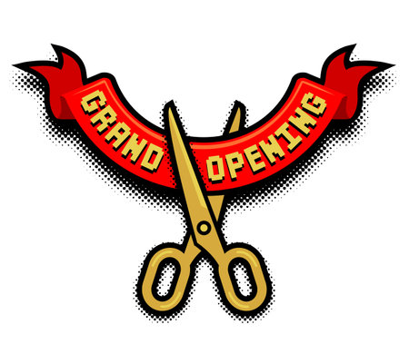 Grand opening flyer template in comic book style. Gold scissors cut red ribbon. Vector on transparent backgroundのイラスト素材