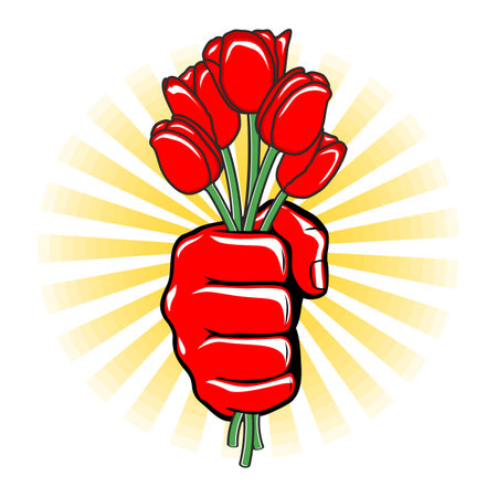 Tulips for you. Strong male hand holding a bouquet of flowers. Vector on transparent backgroundのイラスト素材