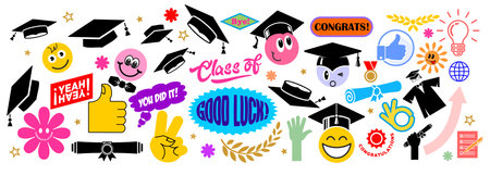 Colorful smiling graduate label shape set. Collection of cartoon shapes stickers for decorating graduation party. Funny comic vector on transparent backgroundのイラスト素材