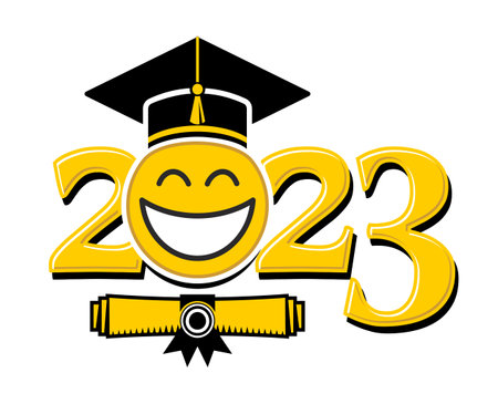 Class of 2023. Emoticon smile in graduation cap. Template for greeting, invitation card graduation party. Vector on transparent backgroundのイラスト素材
