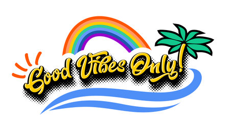 Retro style good vibes only. Design template for printing, vector sticker on transparent backgroundのイラスト素材