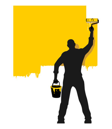 Painter man painting wall with roller brush. Vector template for you text on transparent backgroundのイラスト素材