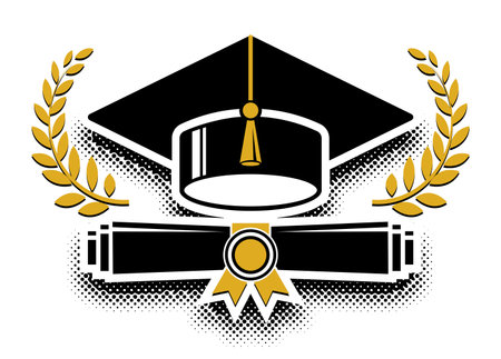 Graduate class template logo with laurel wreath, graduation cap and diploma certificate. Vector on transparent backgroundのイラスト素材