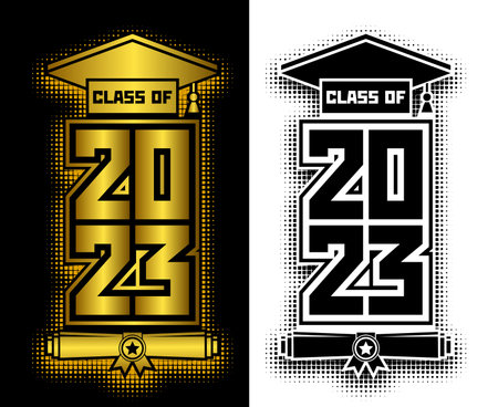 2023 class graduate header. The concept of decorate congratulations for school graduates. Design for t-shirt, flyer, invitation, greeting card. vectorのイラスト素材
