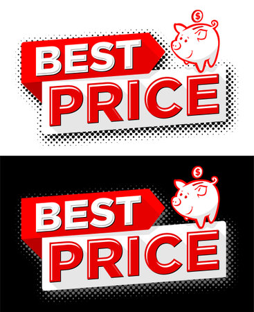 best price. Advertising sticker with red fun piggy bank. Vector on transparent and black backgroundのイラスト素材