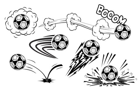 Soccers football balls fly at high speed. Vector in comic style on transparent backgroundのイラスト素材