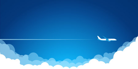 White plane in the blue sky flying above the clouds. Vector background template for web page headerのイラスト素材