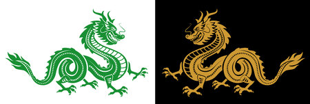 2024 symbol year. Traditional green and gold chinese dragons for greeting card, invitation in cartoon style. Vector on transparent and dark backgroundのイラスト素材