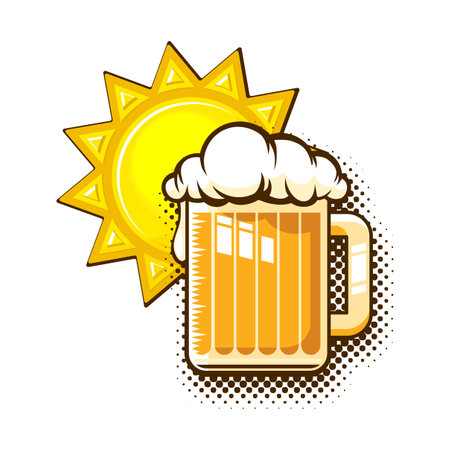 Summer template with mug of beer and sun in comic style. Vector on transparent backgroundのイラスト素材
