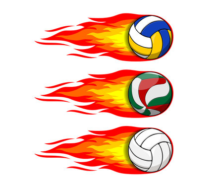 Volleyball flies and leaves trail of fire behind it. Classic and modern volleyballs for competitions and beach volleyball. Vector on transparent backgroundのイラスト素材