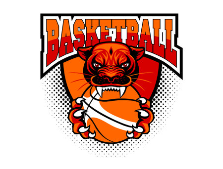 Basketball club logo template. Head of Tiger or panther, jaguar, lion with basketball ball in claws, teeth. Vector on transparent backgroundのイラスト素材