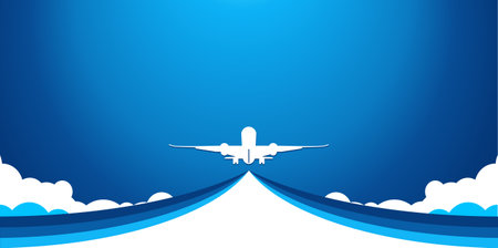 White plane in the blue sky rises flying above the clouds. vector background templateのイラスト素材