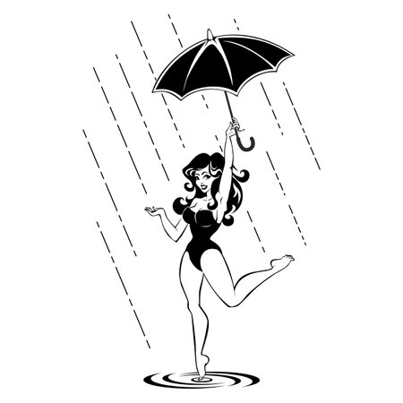 Beautiful girl with umbrella dances in rain. Pop art vector in pin up style on transparent backgroundのイラスト素材