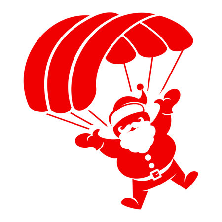 Santa Claus silhouette descends to earth under parachute. Vector icon on transparent backgroundのイラスト素材