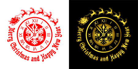 Christmas Clock with greetings from Santa Claus. Vector Santa sleigh, retro clock with lettering Merry Christmas and Happy New Year on transparent and dark backgroundのイラスト素材