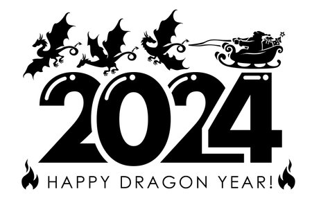 Santa Claus rides in a sleigh with gifts pulled by dragons. 2024 Chinese new year, vector christmas decoration on transparent backgroundのイラスト素材