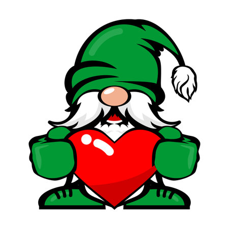 Cute cheerful christmas gnome with red heart. Vector template on transparent backgroundのイラスト素材