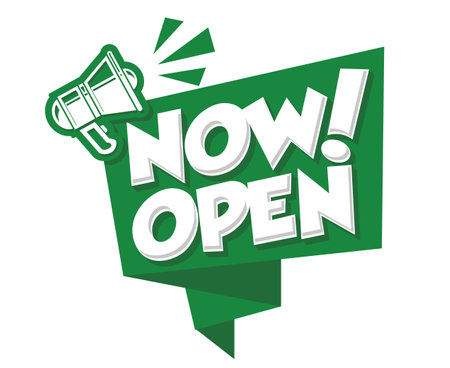 Notice Now open. Template sign with megaphone for entrance door or web. Opening celebration. Vector on transparent backgroundのイラスト素材