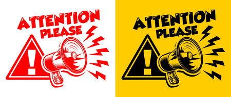 Attention please. Warning sign with megaphone for template of important notice. Vector on transparent backgroundのイラスト素材