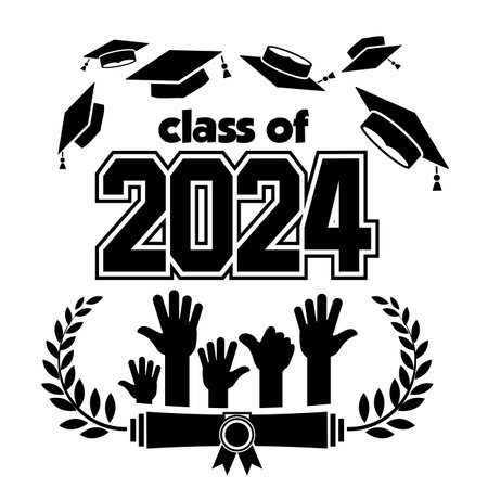 Graduation class poster of 2024 for greeting, invitation card, graduation design, T-shirt, party high school or college graduate. Graduates hands throw up square academic caps. Vector on transparent backgroundのイラスト素材