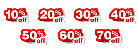 Percent off stickers set. Discounts numbers from 10% to 70%. Vector on transparent background