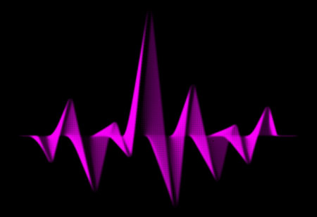 Abstract halftone wave element for design. Digital frequency track equalizer motion sound wave, heart pulse rhythm. Vector dotted curved wavy line on black backgroundのイラスト素材