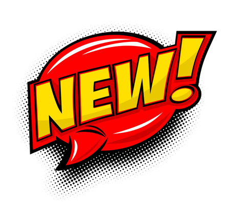 New! Comic speech bubble. Sale, promo, discount, arrival lettering element in pop art style. Vector on transparent backgroundのイラスト素材