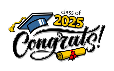 Congratulations graduates editable template for greeting, invitation card. Class of 2025 trendy design template with graduation cap, diploma scroll and lettering. Vector on transparent backgroundのイラスト素材