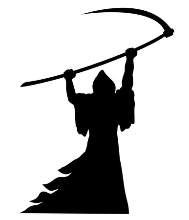 Grim reaper silhouette that is robed in black and swung large scythe. Vector icon on transparent backgroundのイラスト素材