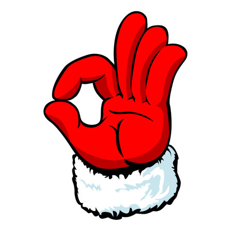 Santa Claus hand showing okey sign. Christmas template element for poster or greeting card design. Vector on transparent backgroundのイラスト素材