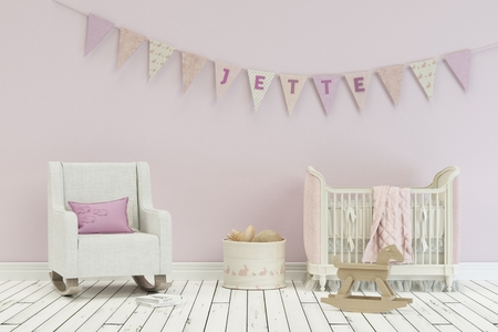 modern nursery with decorated Flags with child name 3d Illustrationの写真素材