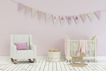 modern nursery with decorated Flags with child name 3d Illustrationの写真素材