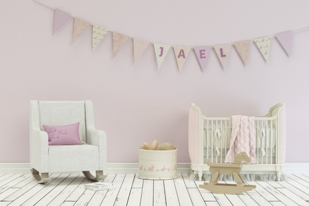 modern nursery with decorated Flags with child name 3d Illustrationの写真素材