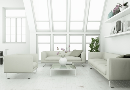 modern skandinavian interior design living room in white style 3d Illustrationの写真素材