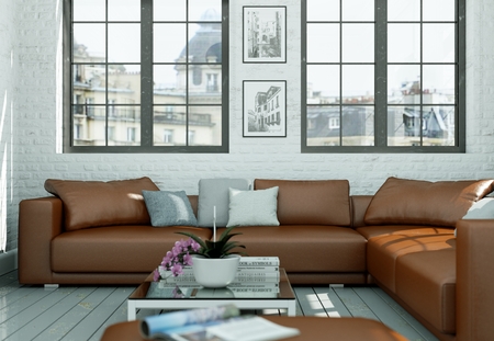 modern Scandinavian interior design living room with brown leather couch 3d Illustrationの写真素材