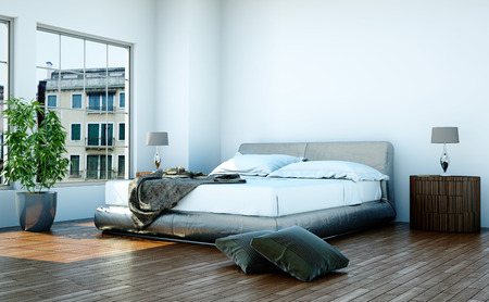 modern bedroom with king-size bed and modern decor 3d Illustrationの写真素材